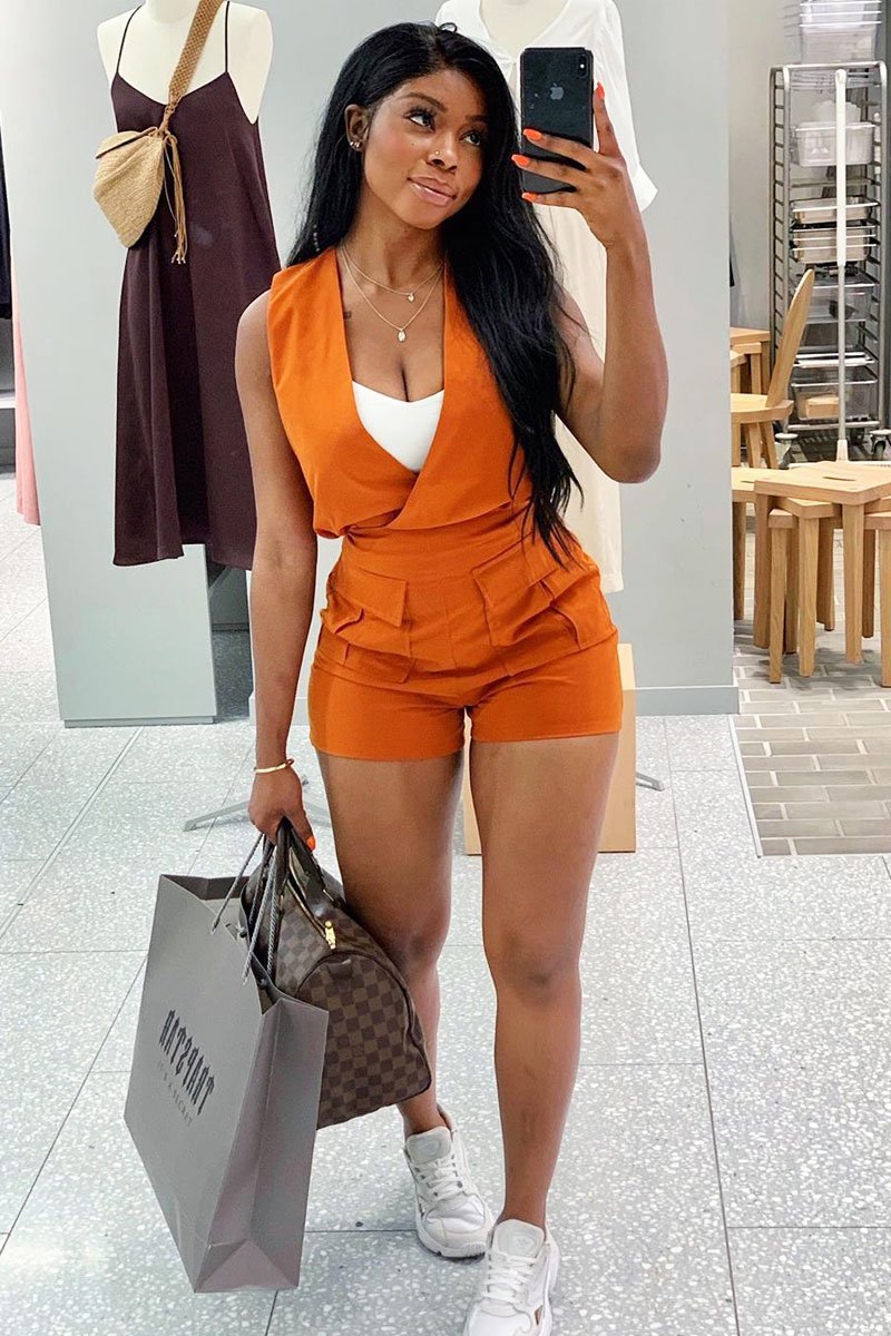 Rust Plunge Woven Utility Pocket Playsuit - Megan-Playsuits