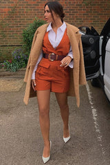 Rust Plunge Woven Utility Pocket Playsuit - Megan-Playsuits