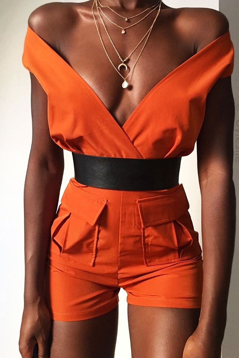 Rust Plunge Woven Utility Pocket Playsuit - Megan-Playsuits