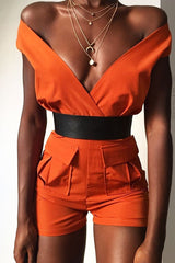 Rust Plunge Woven Utility Pocket Playsuit - Megan-Playsuits