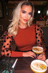 Rust Polka Dot Puff Sleeve Ribbed Top - Irisa-Tops