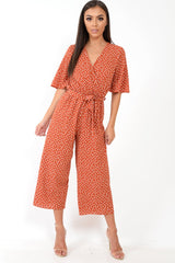 Rust Polka Dot Wrap Culotte Jumpsuit -Juni-Jumpsuits