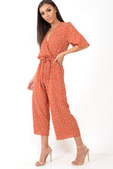Rust Polka Dot Wrap Culotte Jumpsuit -Juni-Jumpsuits