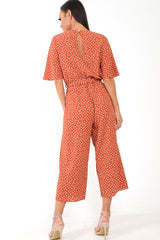 Rust Polka Dot Wrap Culotte Jumpsuit -Juni-Jumpsuits