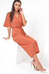 Rust Polka Dot Wrap Culotte Jumpsuit -Juni-Jumpsuits
