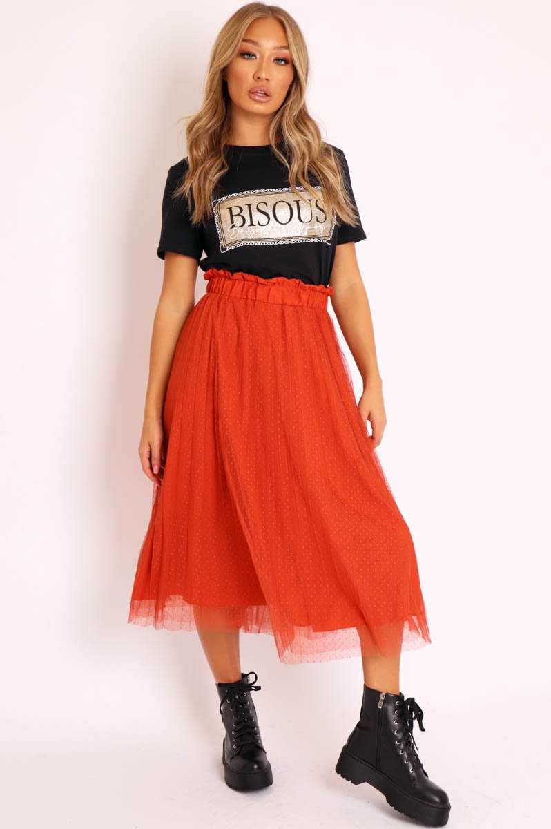 Rust Polka Tulle Pleated Midi Skirt - Soniya-Skirts