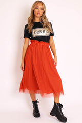 Rust Polka Tulle Pleated Midi Skirt - Soniya-Skirts