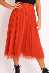Rust Polka Tulle Pleated Midi Skirt - Soniya-Skirts