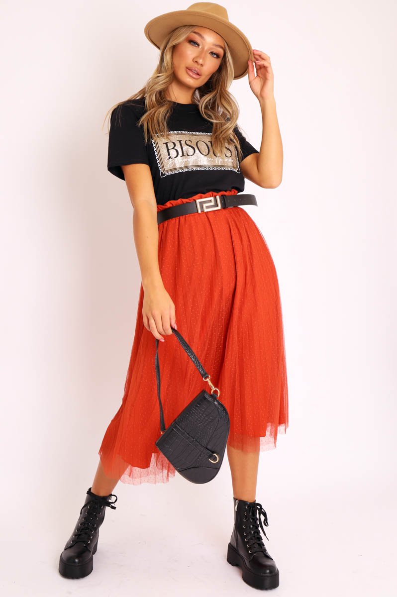 Rust Polka Tulle Pleated Midi Skirt - Soniya-Skirts