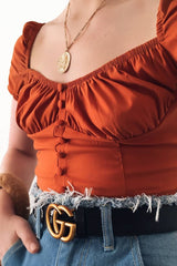 Rust Puff Sleeve Button Front Crop Top - Belicia-Crop Tops