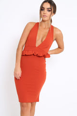 Rust Racer Back Frill Midi Dress - Camilla-Dresses
