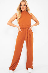 Rust Ribbed High Neck Wide Leg Belted Jumpsuit - Rayden-Jumpsuits