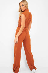 Rust Ribbed High Neck Wide Leg Belted Jumpsuit - Rayden-Jumpsuits
