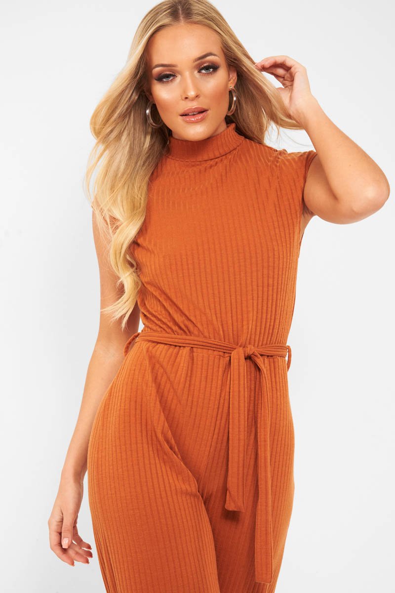 Rust Ribbed High Neck Wide Leg Belted Jumpsuit - Rayden-Jumpsuits