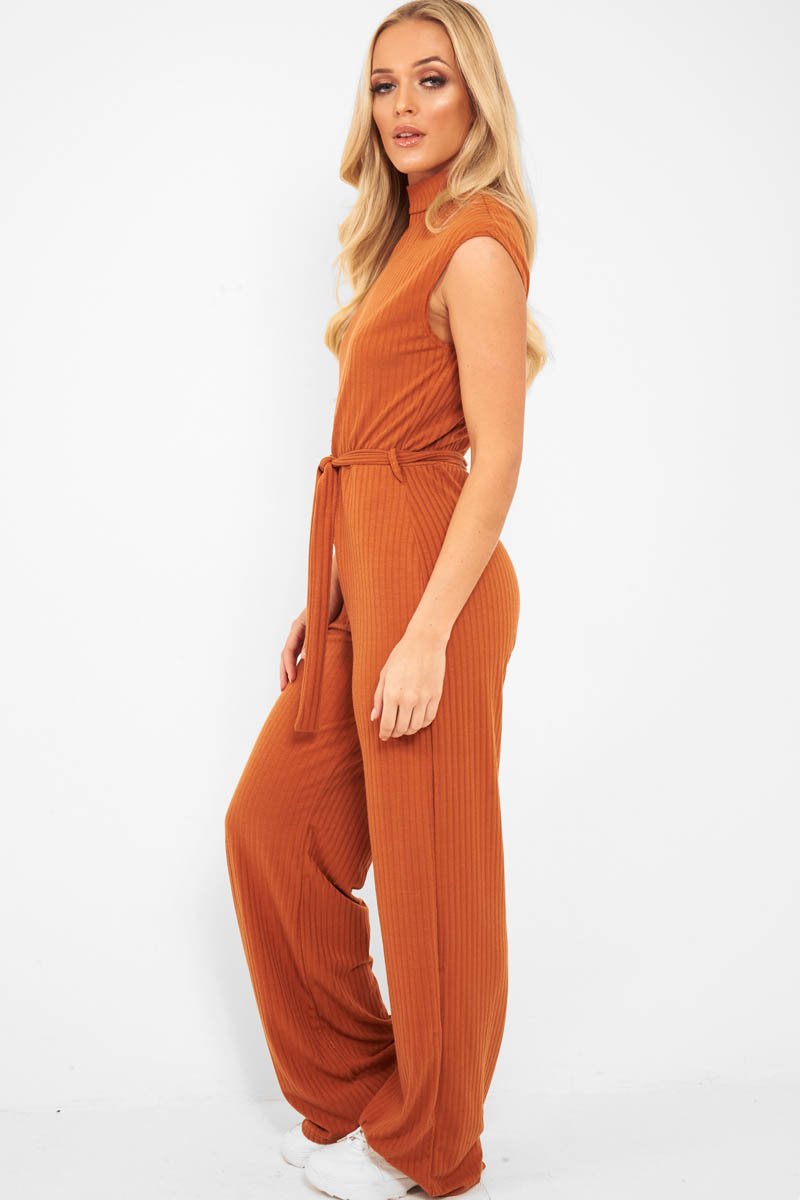 Rust Ribbed High Neck Wide Leg Belted Jumpsuit - Rayden-Jumpsuits