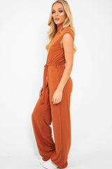 Rust Ribbed High Neck Wide Leg Belted Jumpsuit - Rayden-Jumpsuits