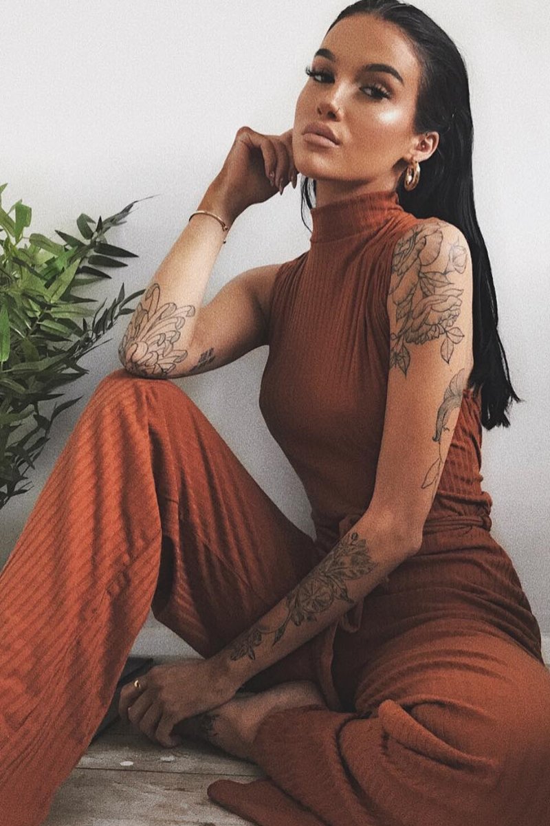 Rust Ribbed High Neck Wide Leg Belted Jumpsuit - Rayden-Jumpsuits