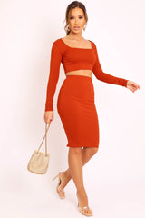 Rust Ribbed Square Neck Top and Midi Skirt Co-ord - Tiera-Co-ords