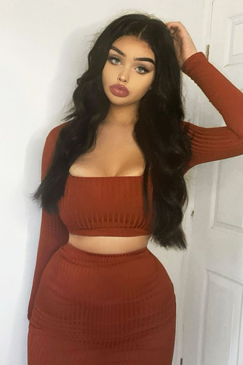Rust Ribbed Square Neck Top and Midi Skirt Co-ord - Tiera-Co-ords