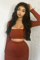 Rust Ribbed Square Neck Top and Midi Skirt Co-ord - Tiera-Co-ords