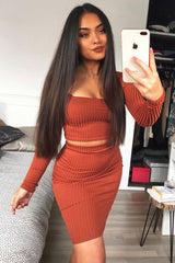 Rust Ribbed Square Neck Top and Midi Skirt Co-ord - Tiera-Co-ords