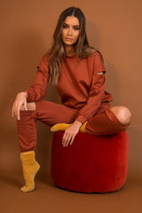 Rust Ripped Knee Cut Out Loungewear Set - Demmi-Loungewear