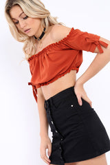 Rust Ruched Bardot Gypsy Crop Top - Janette-Crop Tops
