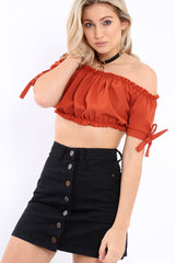 Rust Ruched Bardot Gypsy Crop Top - Janette-Crop Tops