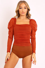Rust Ruched Body Mesh Sleeve Bodysuit - Amylee-Bodysuits