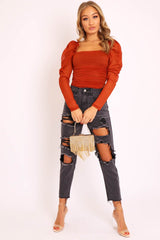 Rust Ruched Body Mesh Sleeve Bodysuit - Amylee-Bodysuits