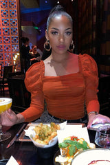 Rust Ruched Body Mesh Sleeve Bodysuit - Amylee-Bodysuits