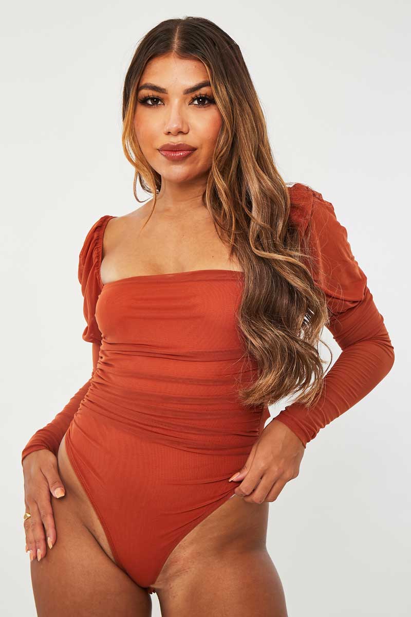 Rust Ruched Body Mesh Sleeve Bodysuit - Raeya-Bodysuits