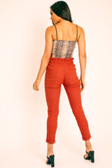 Rust Ruched Waist Tapered Leg Trousers - Lovina-Trousers