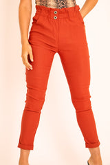 Rust Ruched Waist Tapered Leg Trousers - Lovina-Trousers