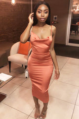 Rust Satin Cowl Neck Midi Bodycon Dress - Liliana-Dresses