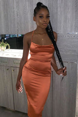 Rust Satin Cowl Neck Midi Bodycon Dress - Liliana-Dresses