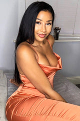 Rust Satin Cowl Neck Midi Bodycon Dress - Liliana-Dresses