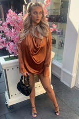 Rust Satin Extreme Cowl Neck Shirt - Luca