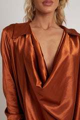 Rust Satin Extreme Cowl Neck Shirt - Luca-Tops