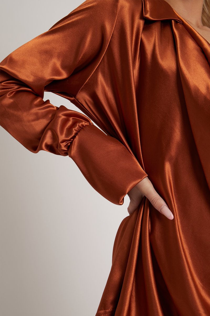 Rust Satin Extreme Cowl Neck Shirt - Luca-Tops