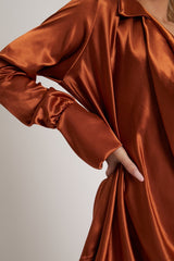 Rust Satin Extreme Cowl Neck Shirt - Luca-Tops
