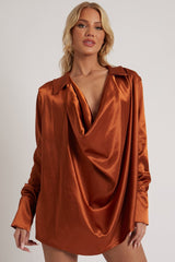 Rust Satin Extreme Cowl Neck Shirt - Luca-Tops
