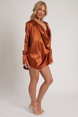 Rust Satin Extreme Cowl Neck Shirt - Luca-Tops
