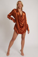 Rust Satin Extreme Cowl Neck Shirt - Luca-Tops