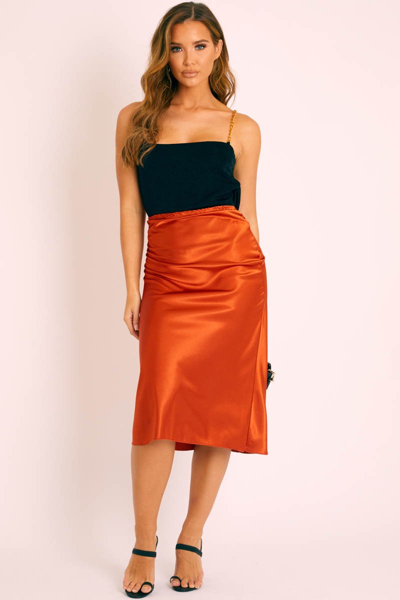 Rust Satin High Waist Floaty Midi Skirt - Dasha-Skirts