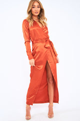 Rust Satin Plunge Wrap Front Maxi Dress - Beni-Dresses