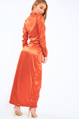 Rust Satin Plunge Wrap Front Maxi Dress - Beni-Dresses