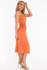 Rust Satin Straight Neck Tie Up Midi Dress - Irina-Dresses