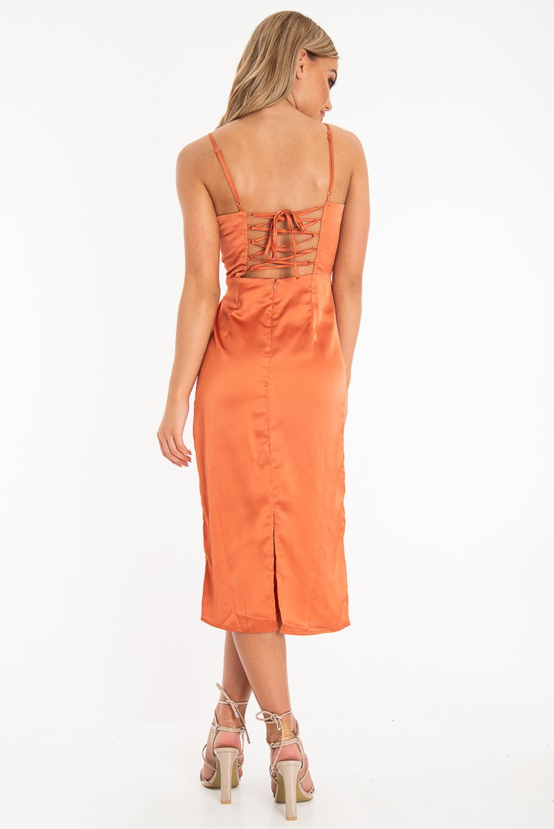 Rust Satin Straight Neck Tie Up Midi Dress - Irina-Dresses