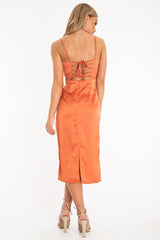 Rust Satin Straight Neck Tie Up Midi Dress - Irina-Dresses